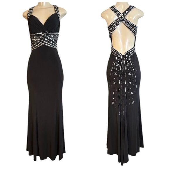 Hailey Logan by Adrianna Papell Black Embellished Gown Criss Cross Back Size 3/4 - Picture 1 of 16